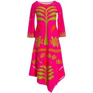 NEW MICHELLE PARISOU tropical palm angled hem dress in hot pink